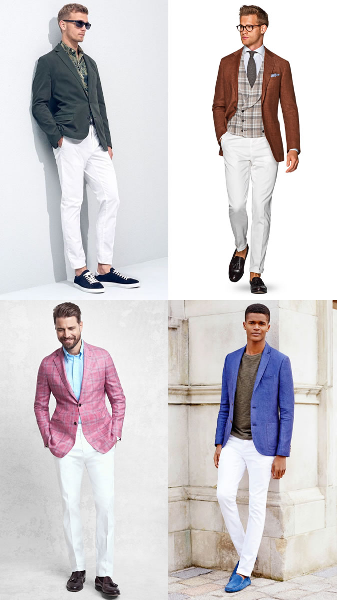 Сочетание белых брюки и цветные пиджаки